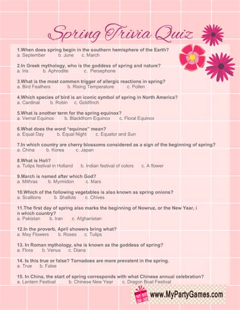 Springtime Trivia Questions And Answers Printable